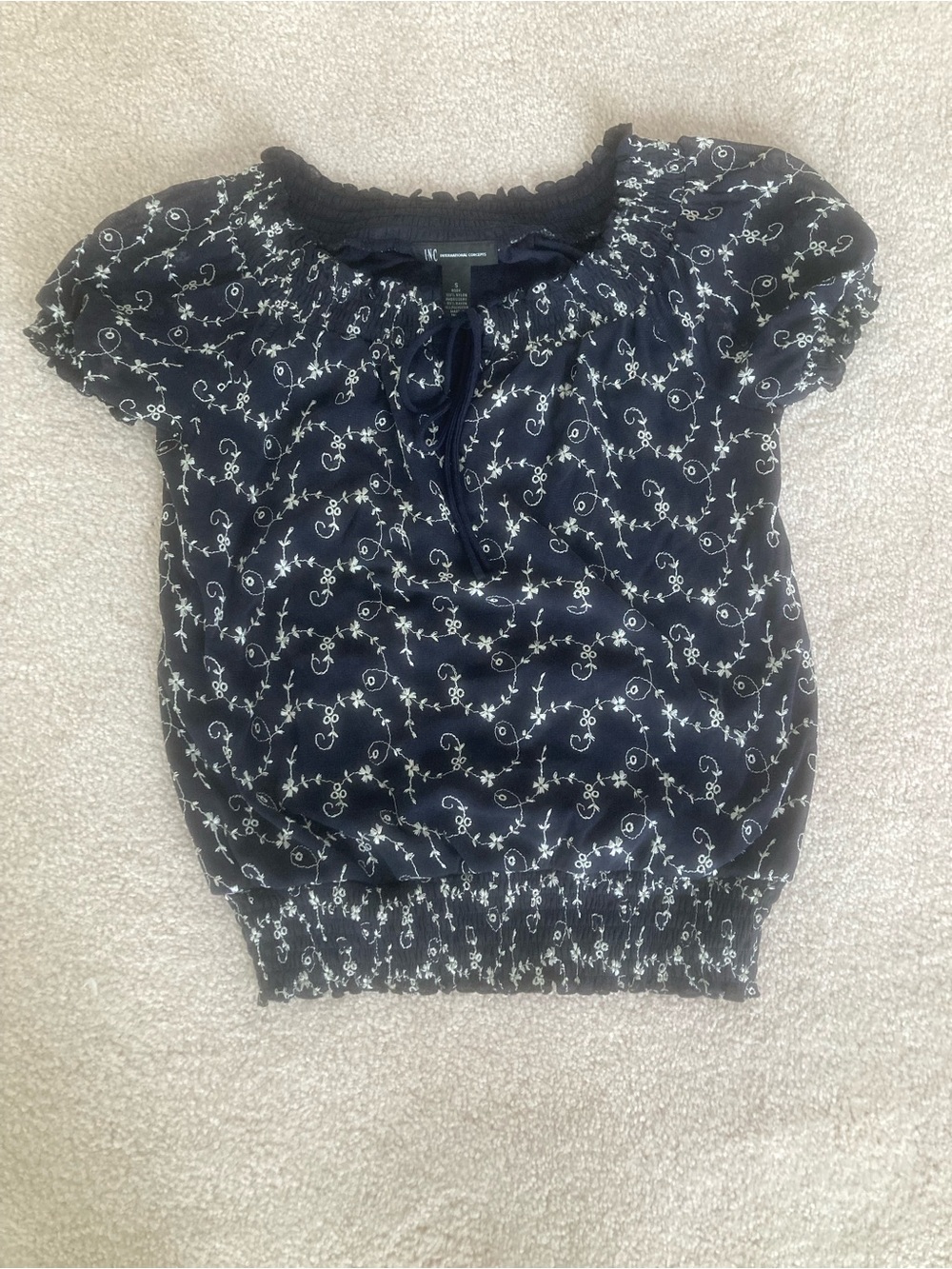 INC International Concepts Blouse Size Small • Navy with White Floral Embroidery